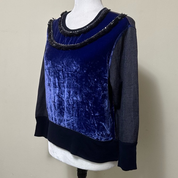 J Crew Black Label Blue Crush Velvet Beads Silver Tinsel Fringe Pullover Top S/M - Picture 4 of 15